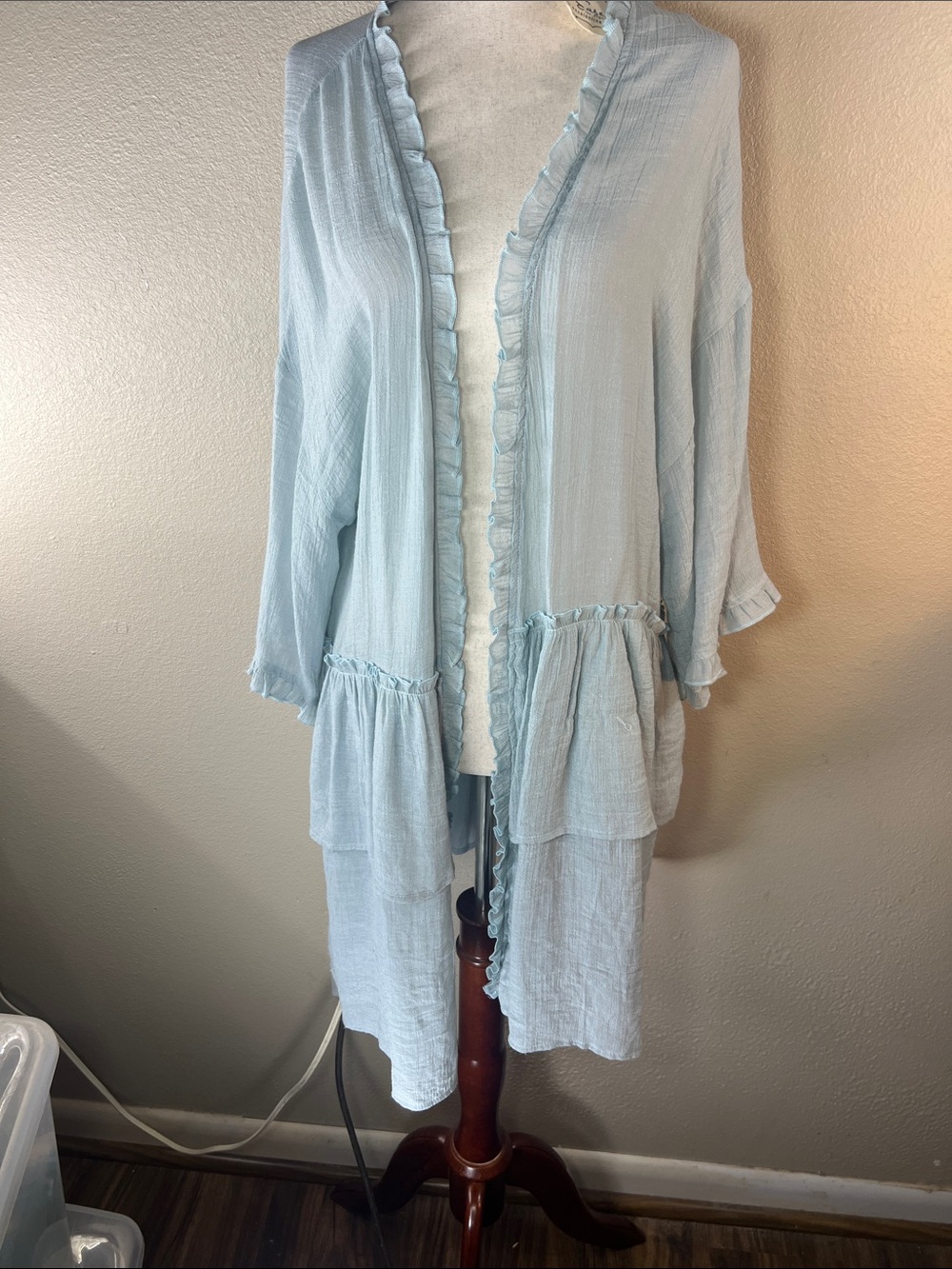 easel Light Blue Ruffle-Edge Open Cardigan